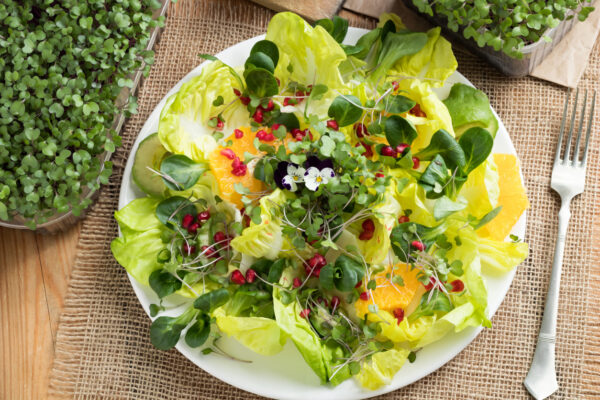 Vegetable salad with fresh kale and broccoli microgreens, lettuce, corn salad, pomegranate, orange, avocado and edibe flowers